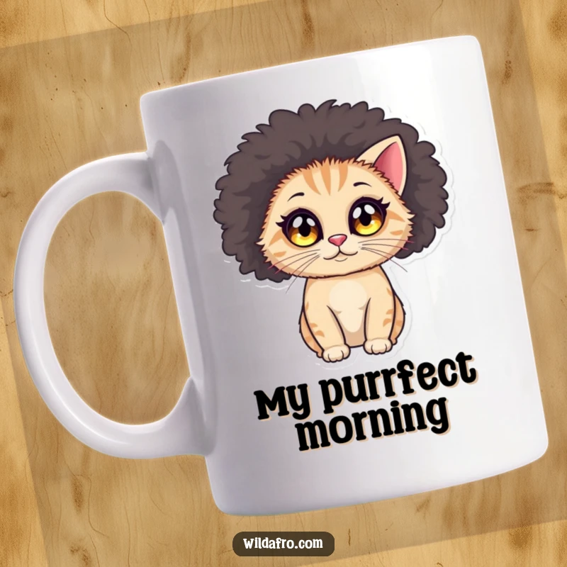 Funny cat afro mug showing a small, round cat with large, sparkling eyes wearing a voluminous, colorful afro wig.