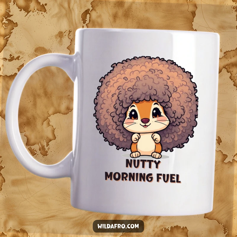 Funny Squirrel Afro Mug: A curious squirrel character peeks out playfully from a vibrant, textured afro.