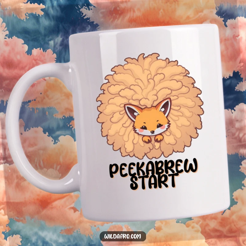 Funny mug showcasing a sly little fox peeking its head out from a huge, voluminous, curly afro, full of playful mystery.