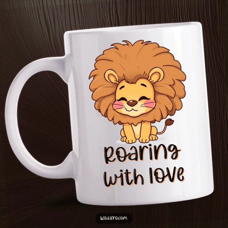 Funny lion mug, a happy lion with a huge afro blowing a kiss, radiating retro coolness and charm.