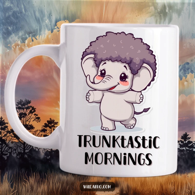 Funny Elephant Afro Wig Mug with a happy elephant wearing a colorful afro wig and dancing joyfully, perfect for party lovers.
