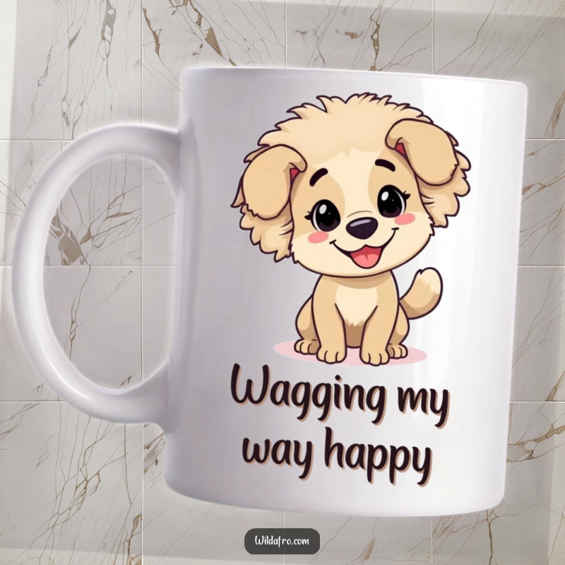 Funny, cheerful dog with a bouncy afro and a wagging tail on a mug, radiating happiness.