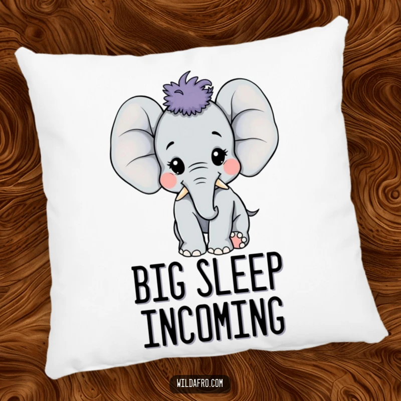 Funny happy elephant calf with a large afro on a pillow, radiating joy and comfort, a soft funny gift.