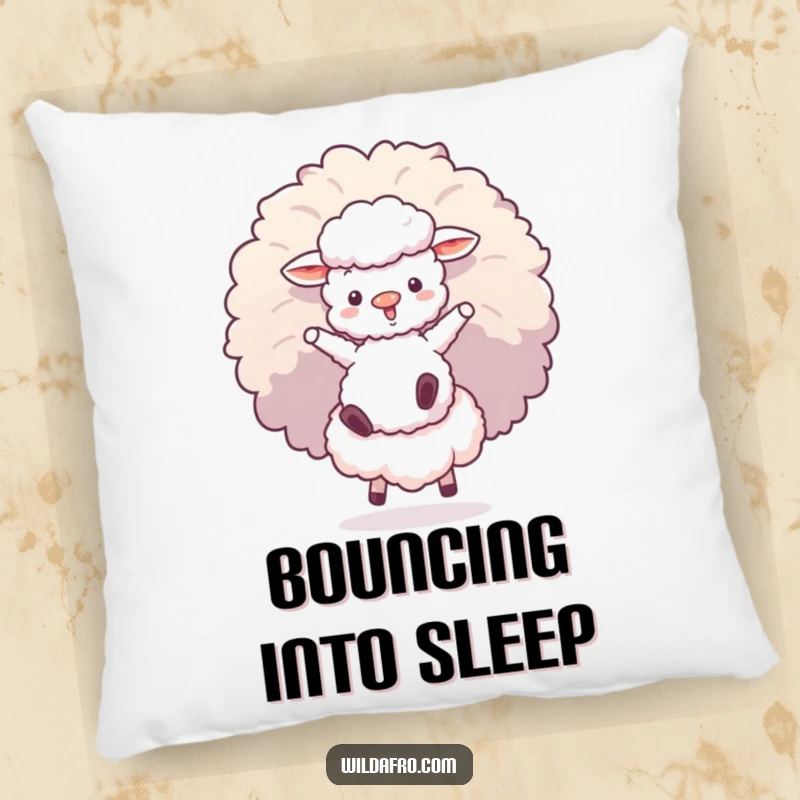 Funny pillow featuring a fluffy sheep character bouncing on a giant afro puff, a cozy and funky decorative item.