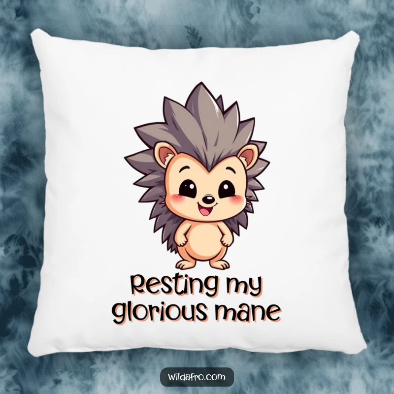 Funny Hedgehog Pillow adorned with a happy character sporting a voluminous, spiky, dynamic afro, offering comfort and a splash of humor.