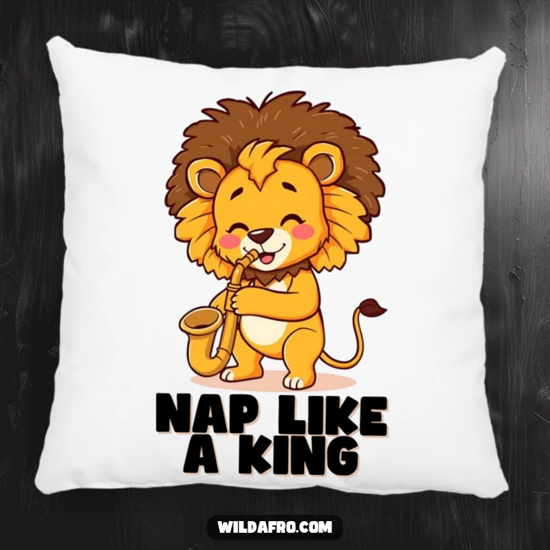 Funny Lion Saxophone Afro Pillow with a cheerful lion playing a saxophone and sporting a cool afro, offering comfort and humor.