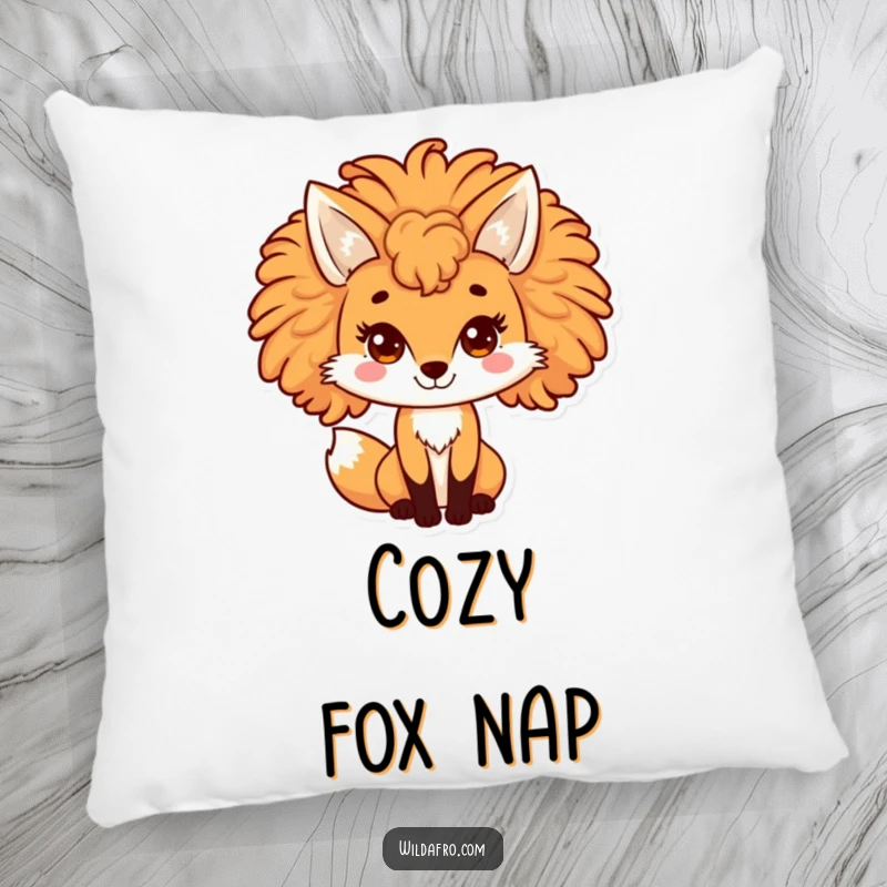 Funny fox pillow featuring a playful character with a large, curly afro mane. Soft, humorous decor for lovers of foxes.