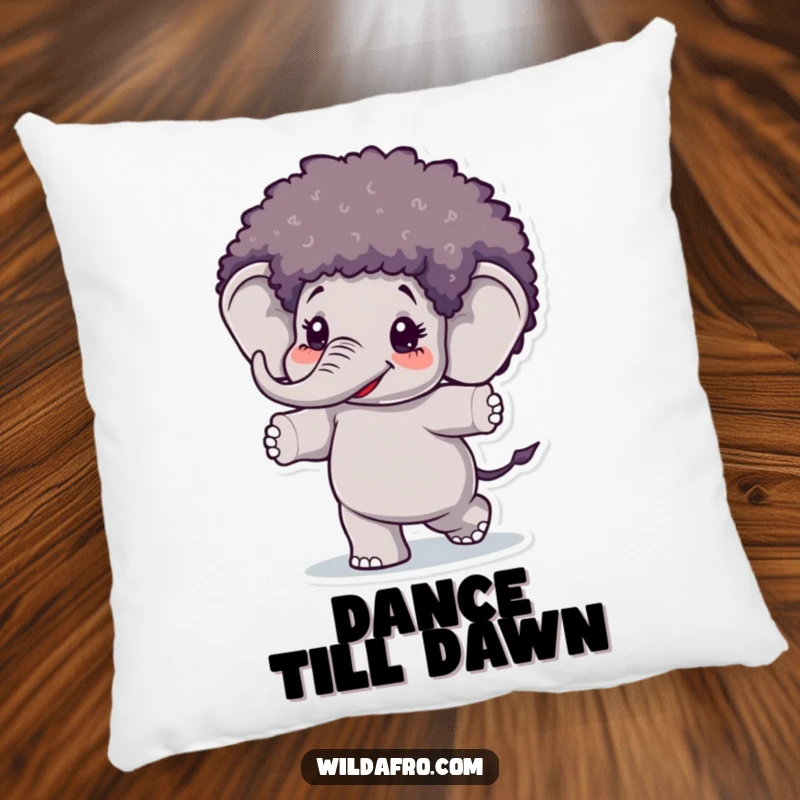 Funny Elephant Afro Wig Pillow with a happy elephant wearing an afro wig and dancing, offering comfort and humorous appeal.