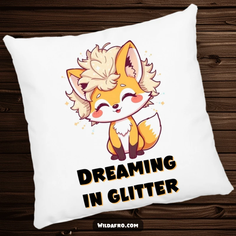 Funny Pillow with a cheerful fox character's huge afro shedding glitter, offering comfort and a playful, shimmering touch.