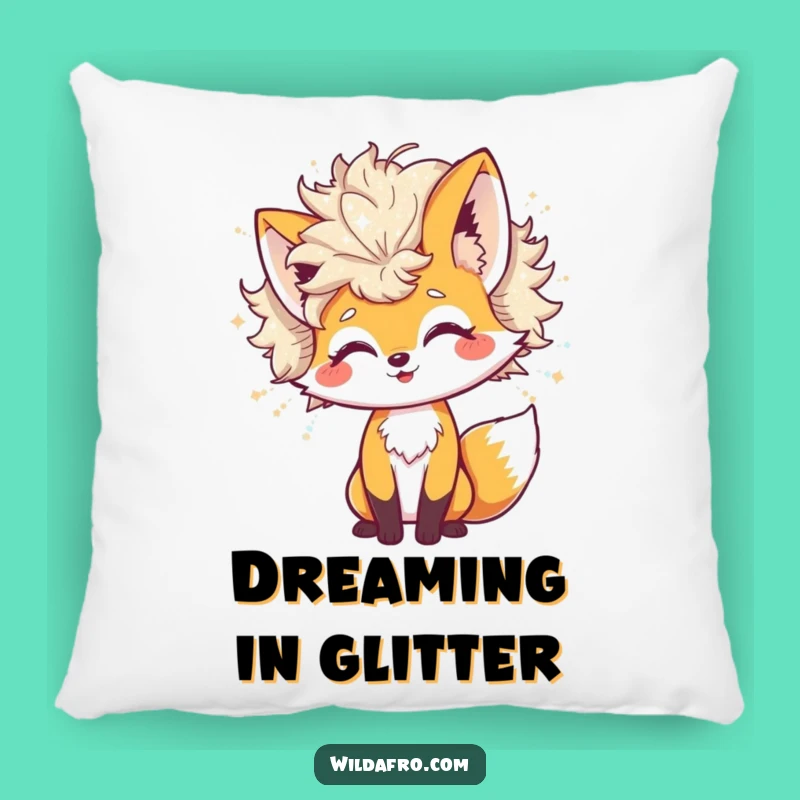 Funny Fox Glitter Afro Pillow: Cheerful Character Comfort with Shimmering Accents