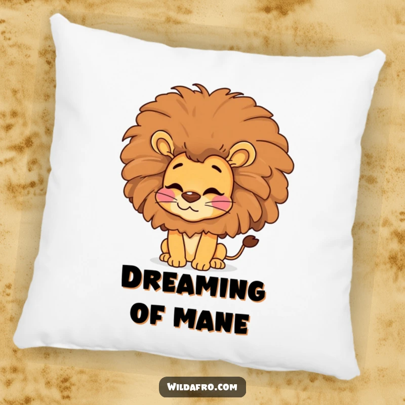 Funny lion pillow, a happy lion with an enormous afro blowing a kiss, a soft and humorous addition.