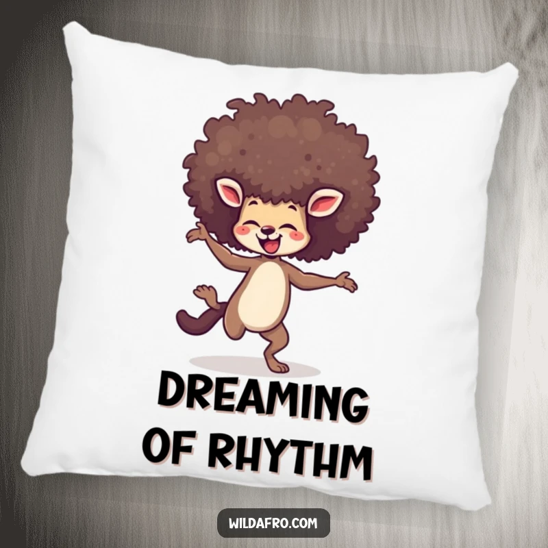 Funny pillow featuring an agile animal dancing with sheer joy, its towering afro bouncing with rhythm and delight.