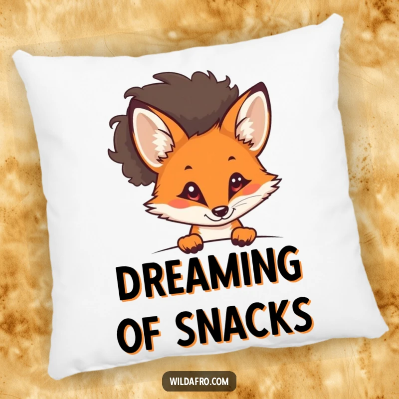 Funny fox with a stylish afro peeking out on a pillow, radiating curiosity and cool, a soft funny gift.
