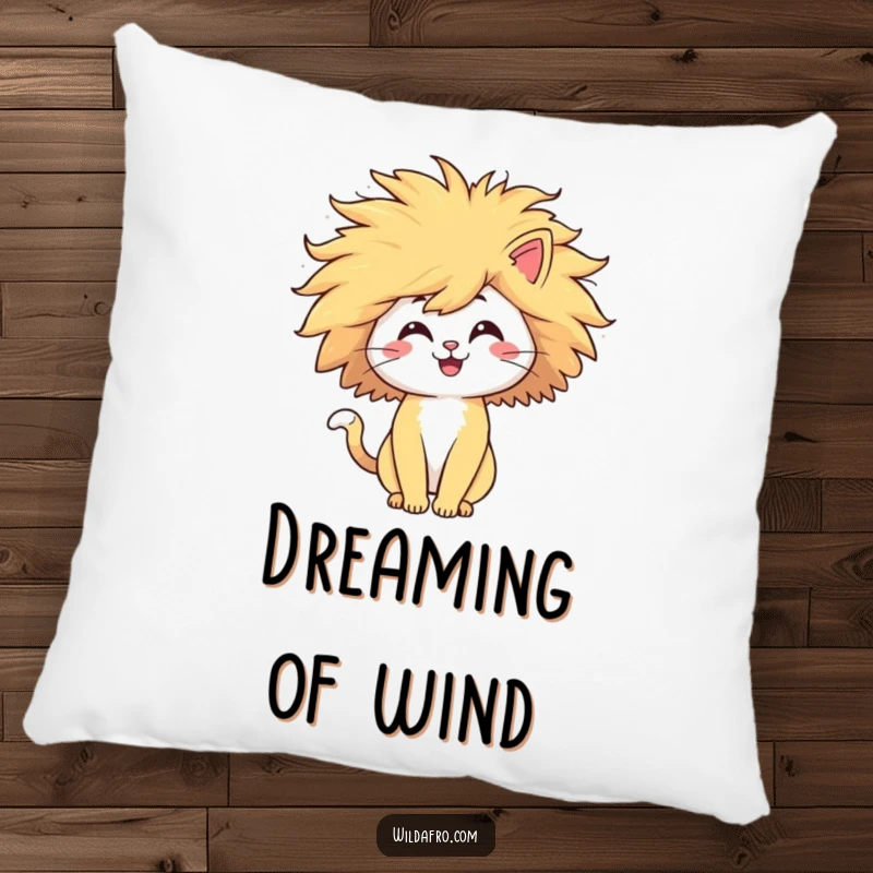 Funny cat pillow with a happy character whose giant afro is dramatically blown by the wind, offering cozy humor. Soft decor for cat fans.