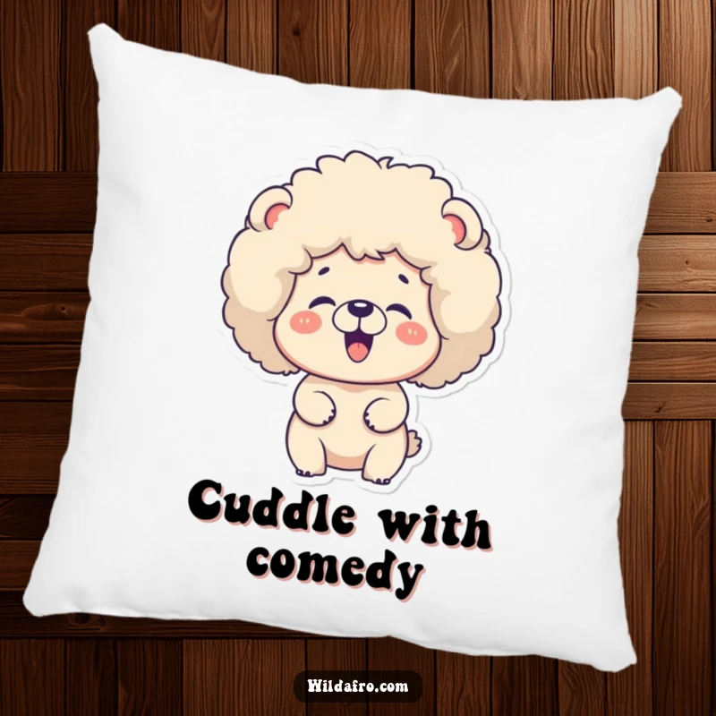 Funny bear with a fluffy afro, giggling on a soft pillow. A cozy and funny gift.