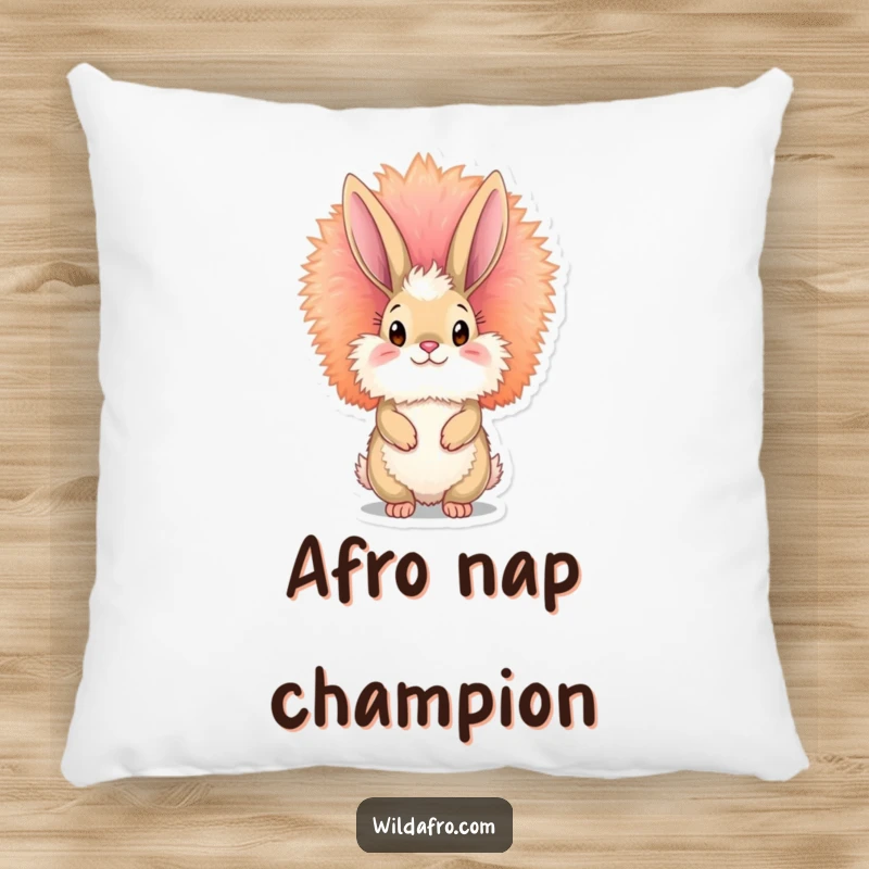 Funny bunny afro pillow featuring a fluffy bunny with a vibrant, towering afro, offering soft, humorous, and retro comfort.