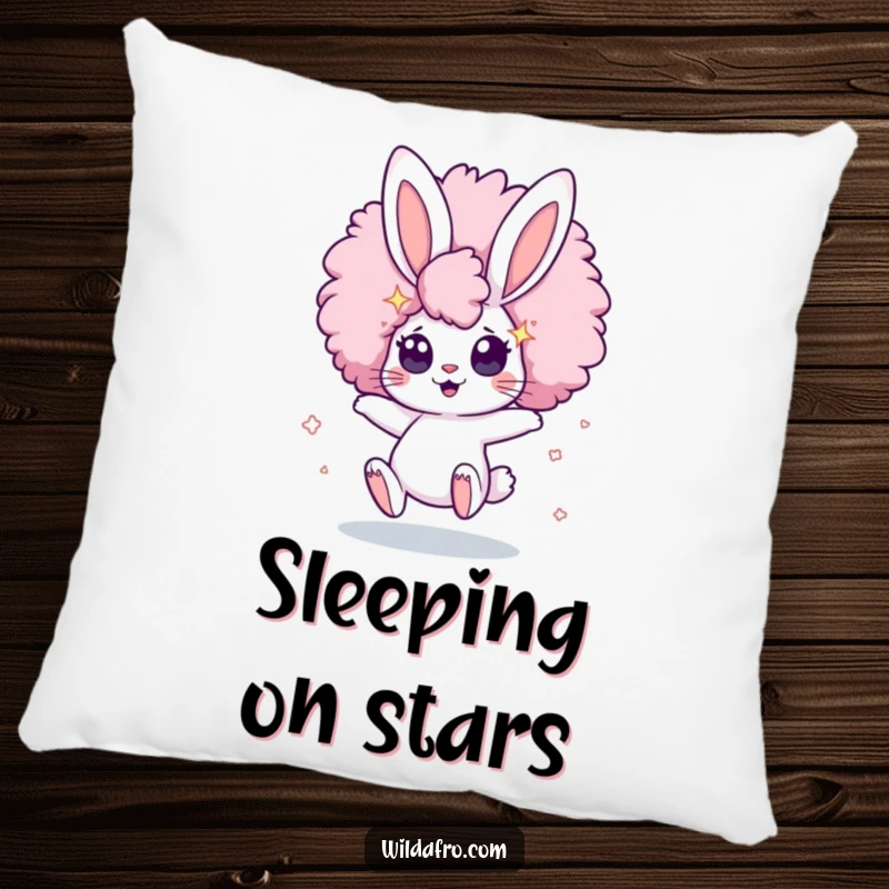 Funny Pillow with a cute, bouncing bunny character's huge afro and wide, starry eyes, offering comfort and a touch of cosmic charm.