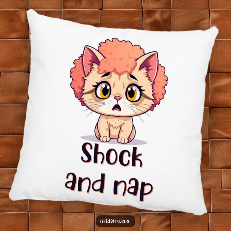 Funny surprised cat with a vibrant afro on a soft pillow. A cozy and funny gift.