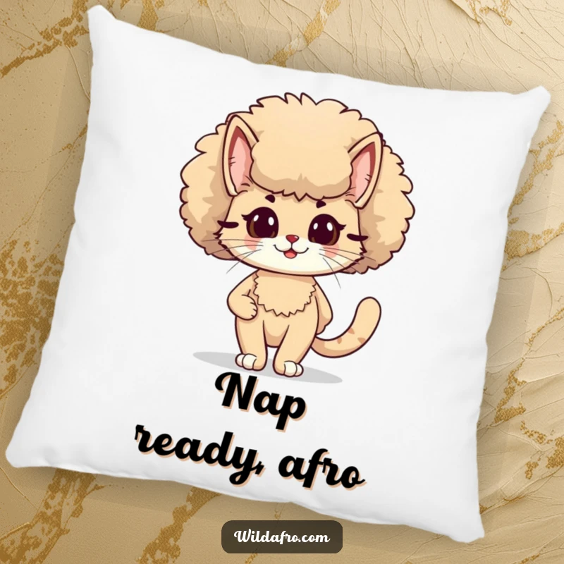 Funny cat with a big, fluffy afro on a pillow, strutting with feline confidence and retro flair, a soft funny gift.