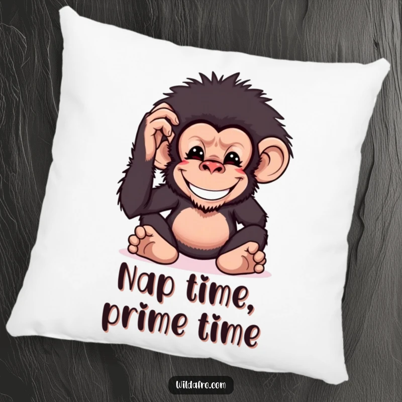 Funny chimpanzee pillow with a grinning monkey character patting its big, bushy afro, designed for cozy comfort.
