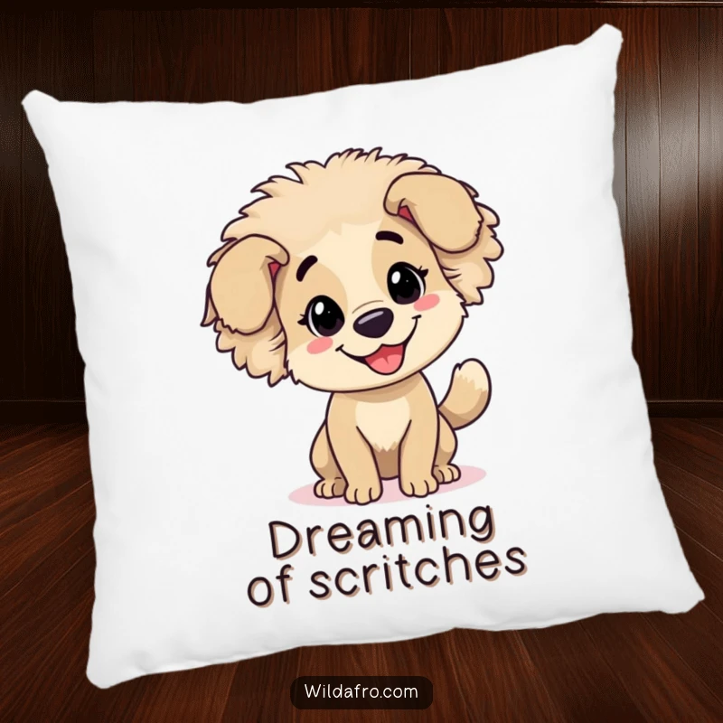 Funny dog with a fluffy afro and wagging tail resting on a soft, decorative pillow, exuding comfort.