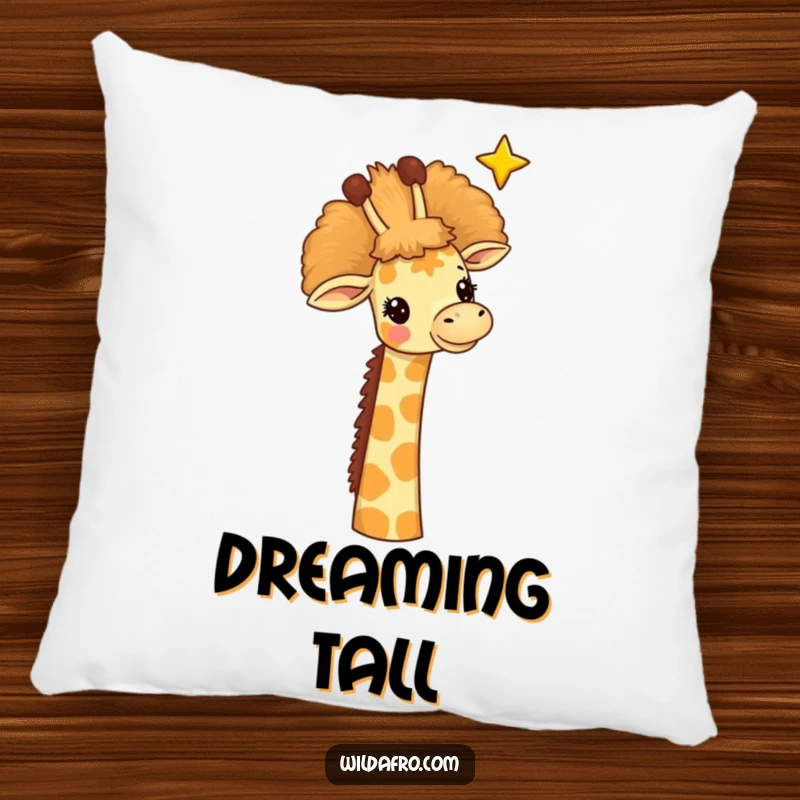 Funny giraffe pillow, a cheerful giraffe with a tall afro reaching for a star, a soft and dreamy accent.