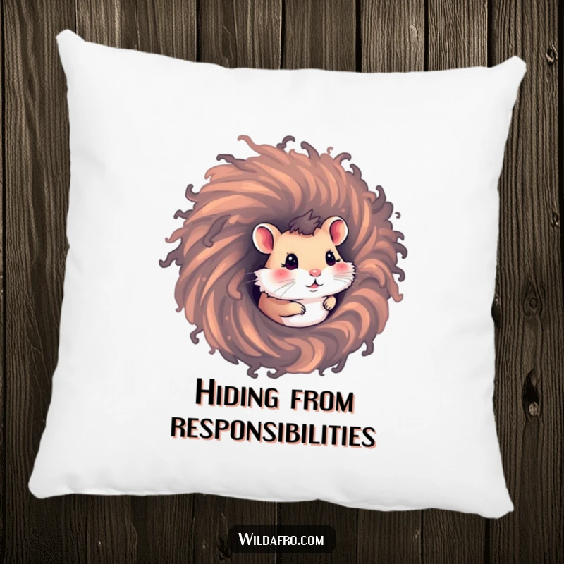 Funny hamster pillow with a curious hamster emerging from a swirling afro hair vortex, a soft and humorous decorative item.