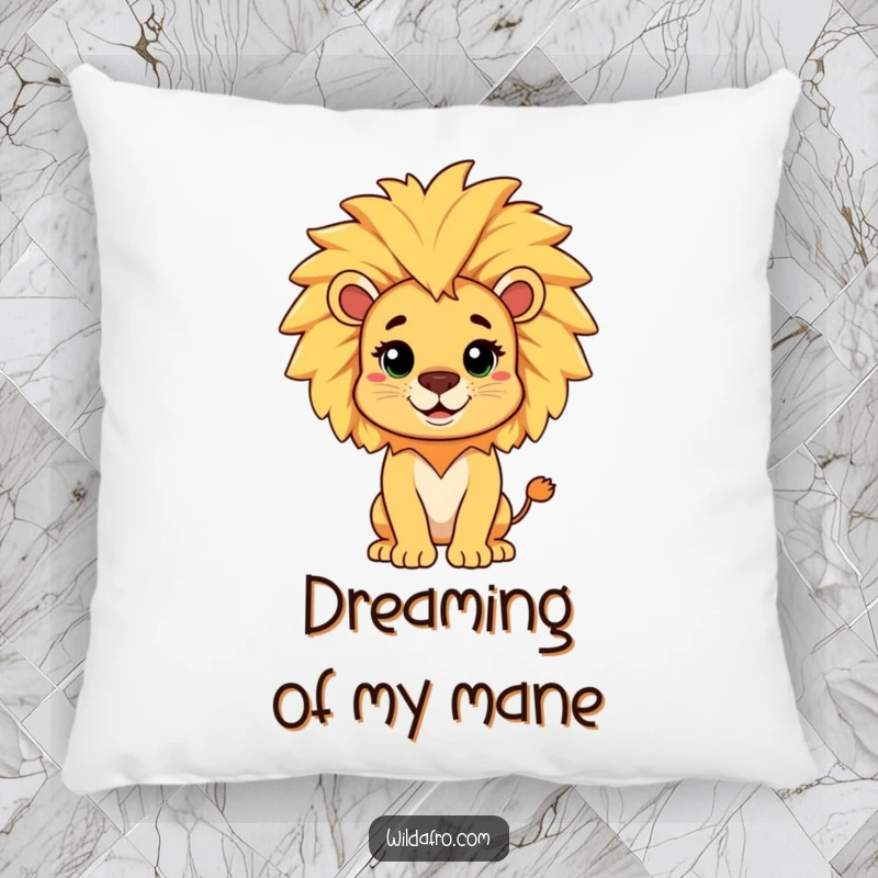Funny pillow featuring a cheerful lion character with a magnificent afro mane, a cozy and regal decorative item.