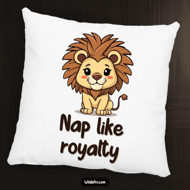 Funny lion pillow with a proud lion character sporting a magnificent afro, shaking its mane with regal flair.