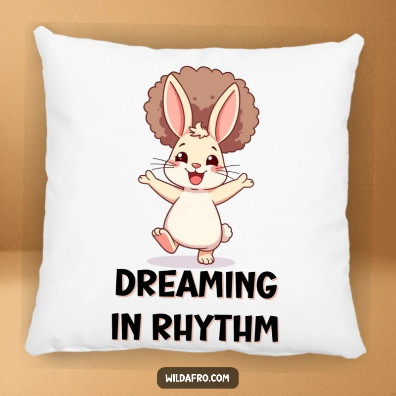 Funny Rabbit Afro Pillow: A plush cushion featuring a happy bunny with a huge afro, dancing with joy, adding a humorous and comfortable touch.