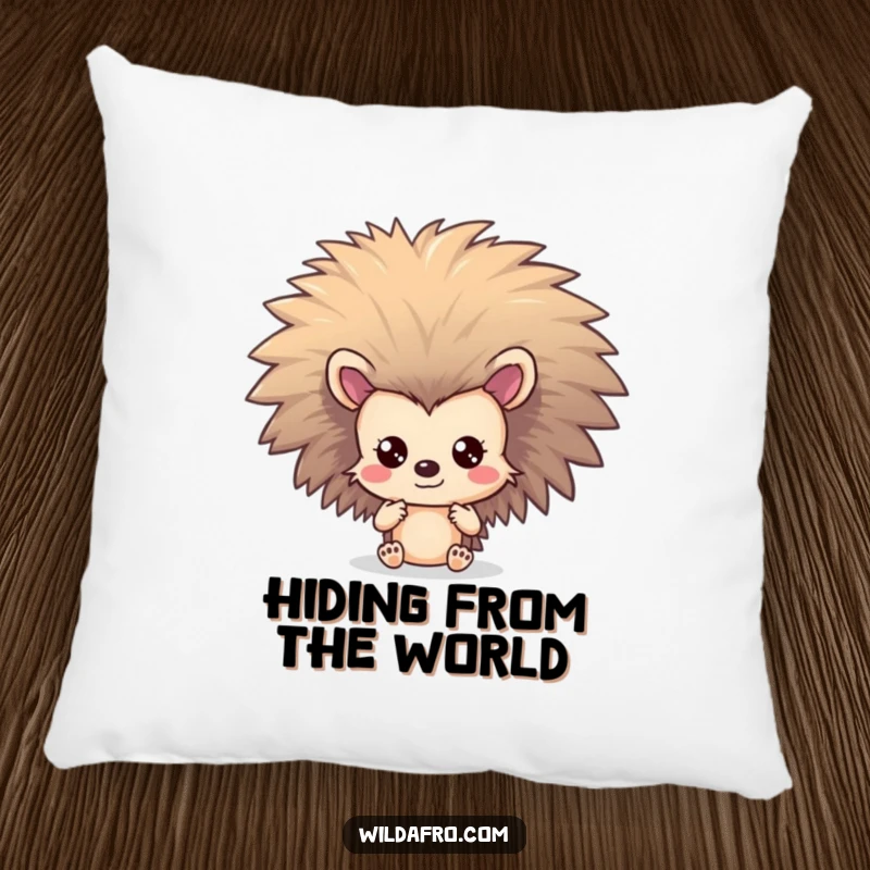 Funny Hedgehog Afro Pillow: A shy hedgehog character peeks out from behind a spectacular, large afro.