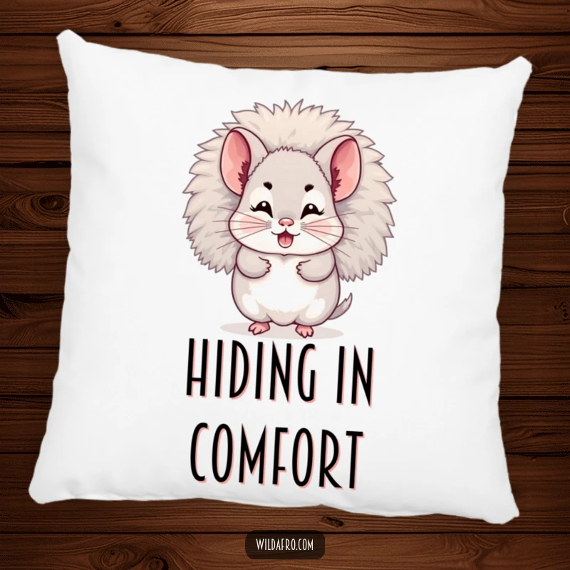 Funny pillow with a giggling chinchilla character hiding within its fluffy afro. Soft and funny gift.