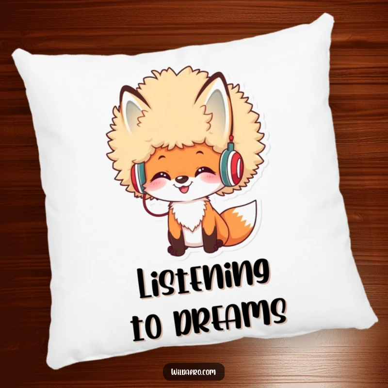 Funny Afro Fox DJ Pillow with a cheerful fox sporting a large afro and tiny headphones, offering comfort and musical vibes.