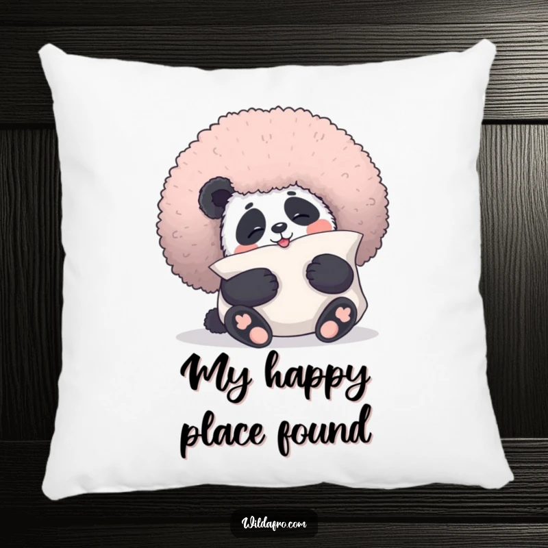 Funny panda pillow with a giggling panda bear hugging a large, fluffy afro like a pillow, offering soft comfort and humorous appeal.