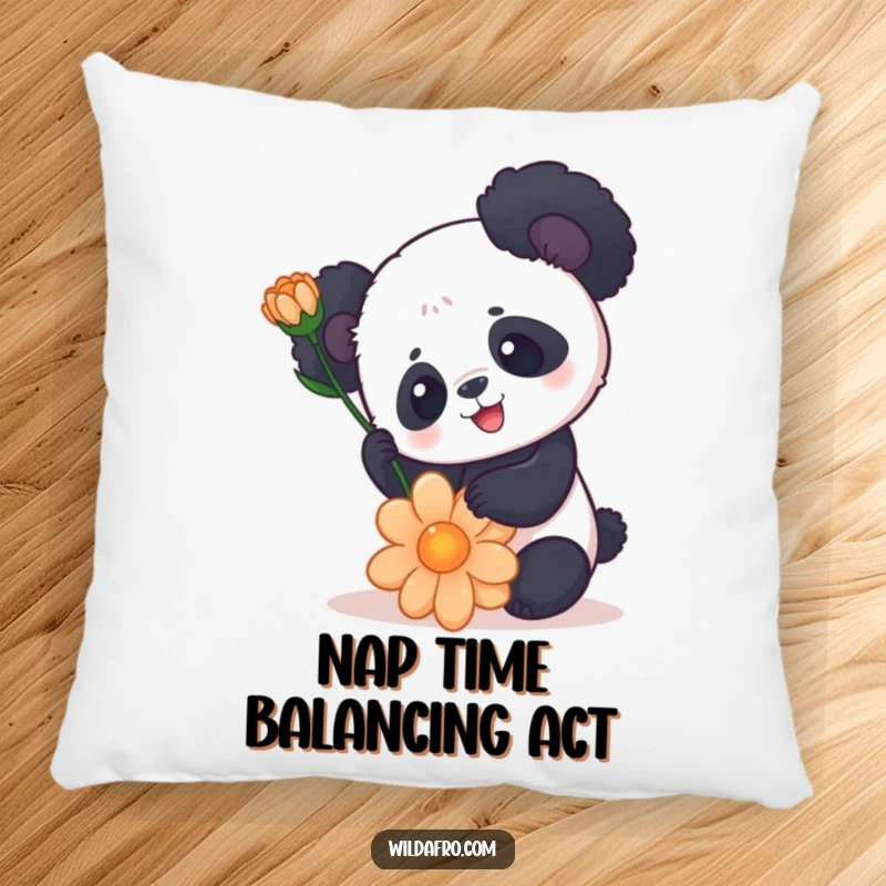 Funny Panda Pillow with Rounded Afro and Flower - Soft, Cute, Humorous Decor