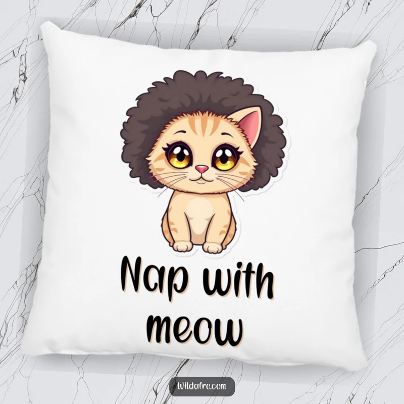 Funny cat afro pillow with a round cat, large sparkling eyes, wearing a voluminous afro wig for cozy humor.
