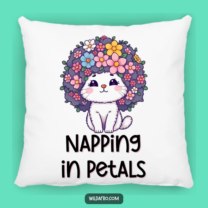 Funny Cat Afro Flower Pillow: Fluffy Character Comfort with Blooming Floral Accents
