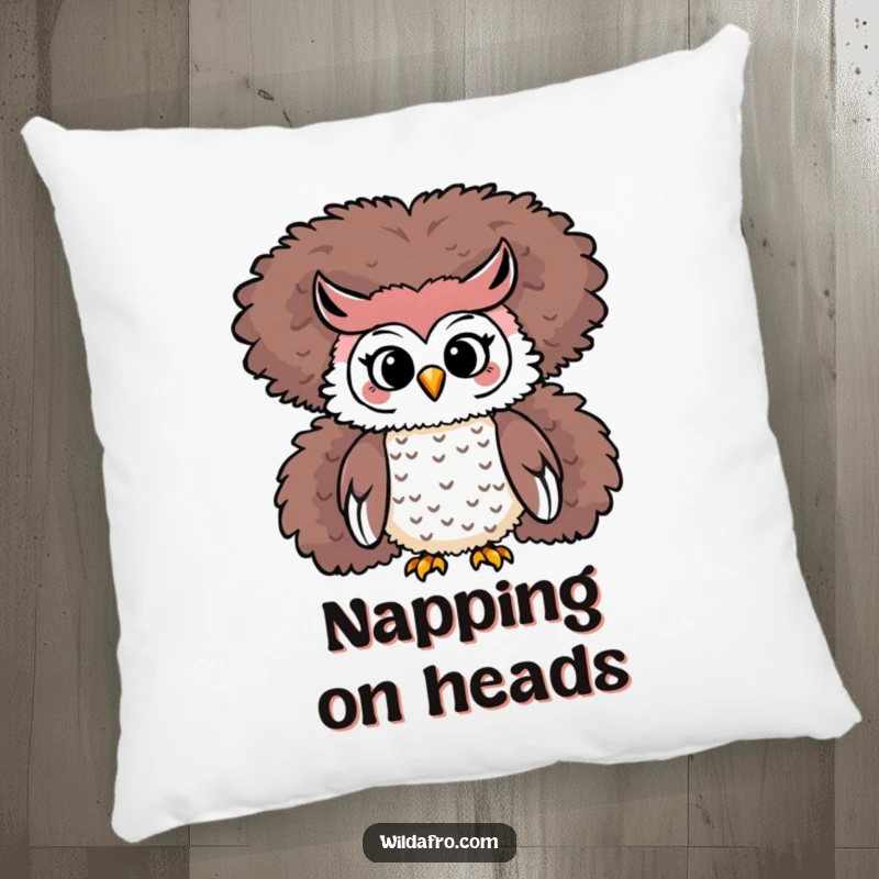 Funny Owl Afro Pillow: A playful owl character sits peacefully on a large, fluffy afro.