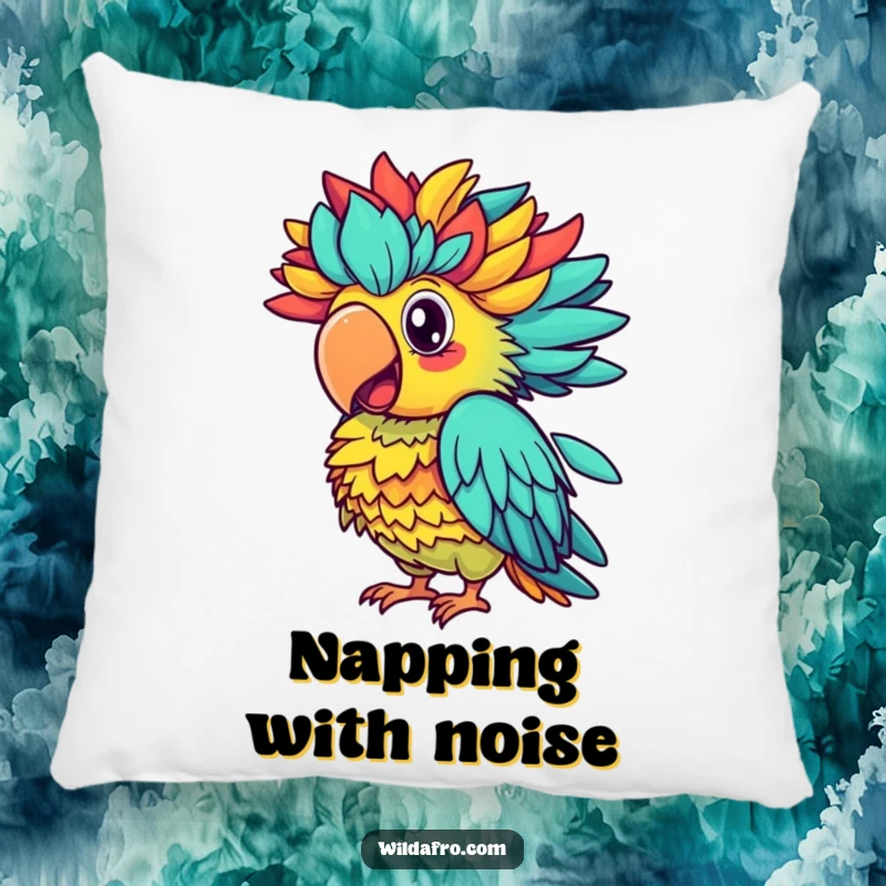 Funny parrot pillow, a proud parrot with a vibrant afro squawking colorfully, a soft and cheerful accent.
