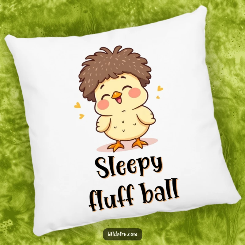 Funny chick with a tiny afro chirping happily on a pillow, radiating adorable joy and comfort, a sweet funny gift.