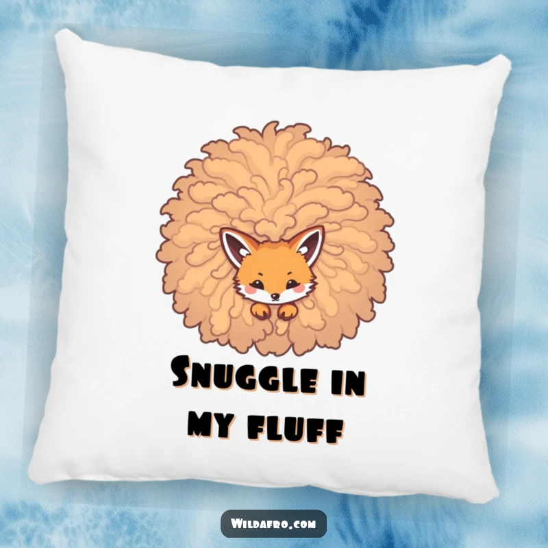 Funny pillow showing a clever fox peeking from a voluminous, curly afro, offering comfort with a playful surprise.