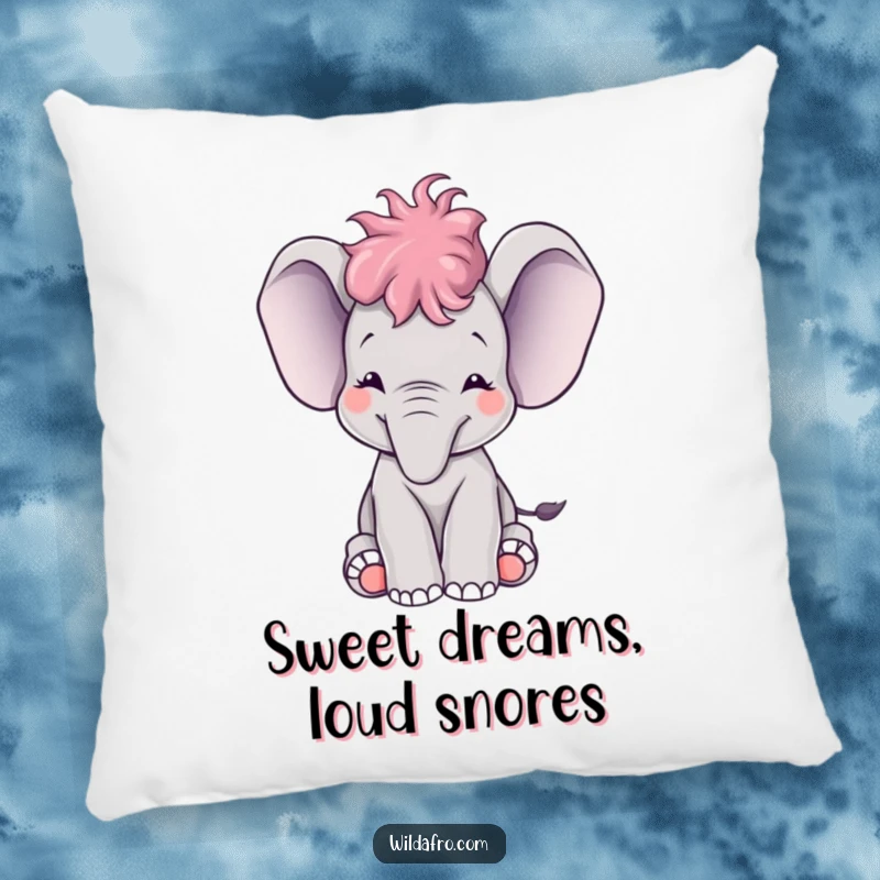 Funny baby elephant with a small afro joyfully trumpeting, depicted on a soft and humorous pillow.