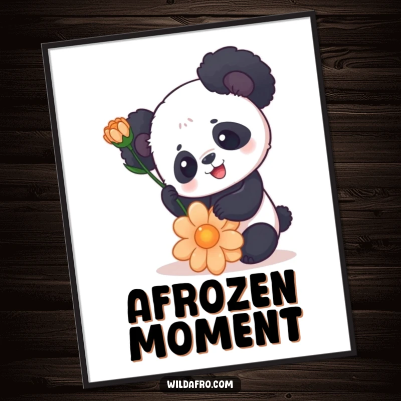 Funny Panda Digital Art Print with Rounded Afro Balancing a Flower - Instant Download