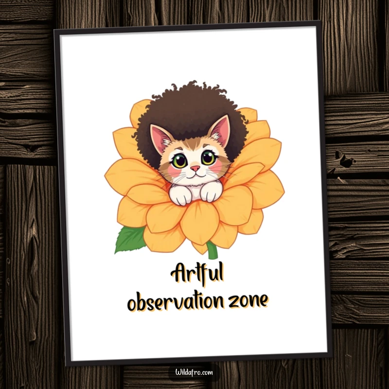 Funny cat with a fluffy afro peeking from a giant flower, a whimsical and humorous digital art print.