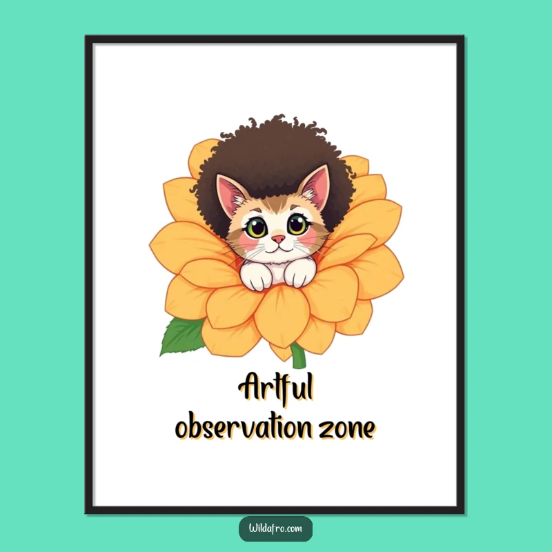Funny Cat Afro Flower Peek Digital Art - Instant Whimsy Download Gift