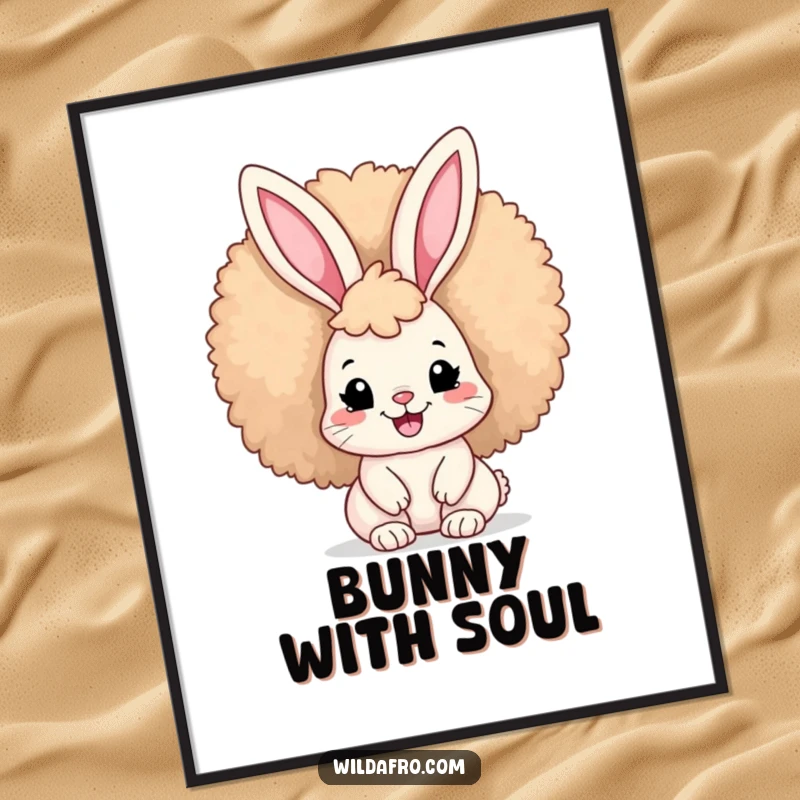 Funny Afro Bunny Digital Art Print showing a cute bunny with a large afro and a wide smile, perfect for fun decor.