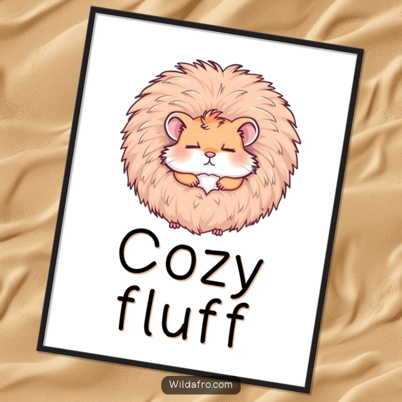 Funny contented hamster napping in a large afro, as a digital art print, ready to be downloaded for instant humorous decor.