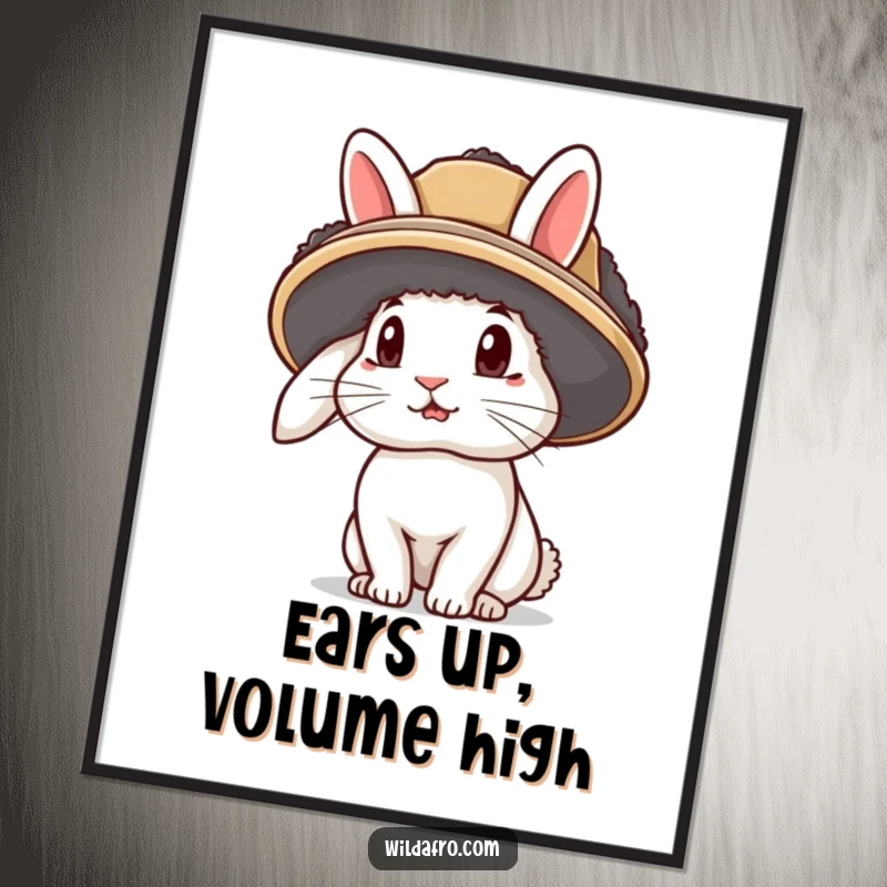 Funny rabbit digital art print of a curious bunny wearing an afro hat, ears sticking out, ideal for wall decor.