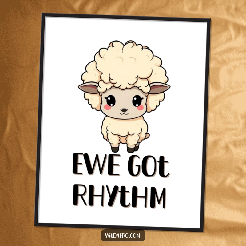 Funny sheep digital art, cute with a magnificent afro, bobbing its head with infectious joy. An instant funny gift.