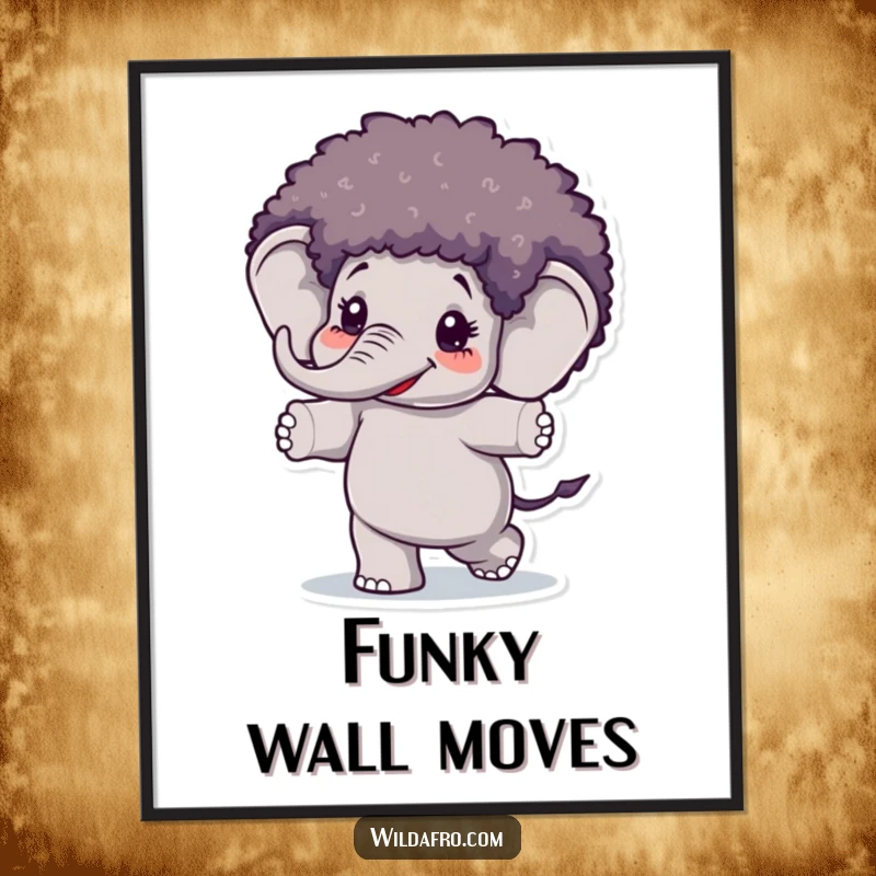 Funny Elephant Afro Wig Digital Art Print of a happy elephant in an afro wig dancing enthusiastically, ready to add fun.